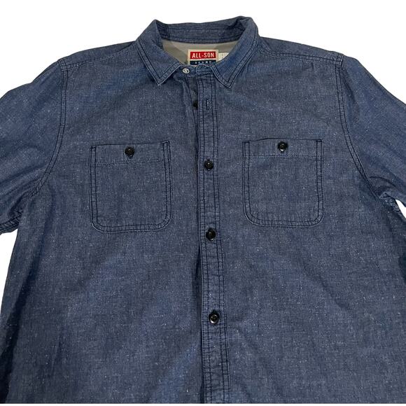All-Son Brand Men’s Chambray Shirt Denim Button Down Blue Cotton Long Sleeve L - Picture 2 of 5